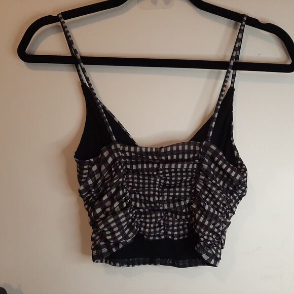 NWT S Urban Outfitters B&W Gingham Plaid Cami Crop Top w/ Ruching Small Sm black - Picture 5 of 9